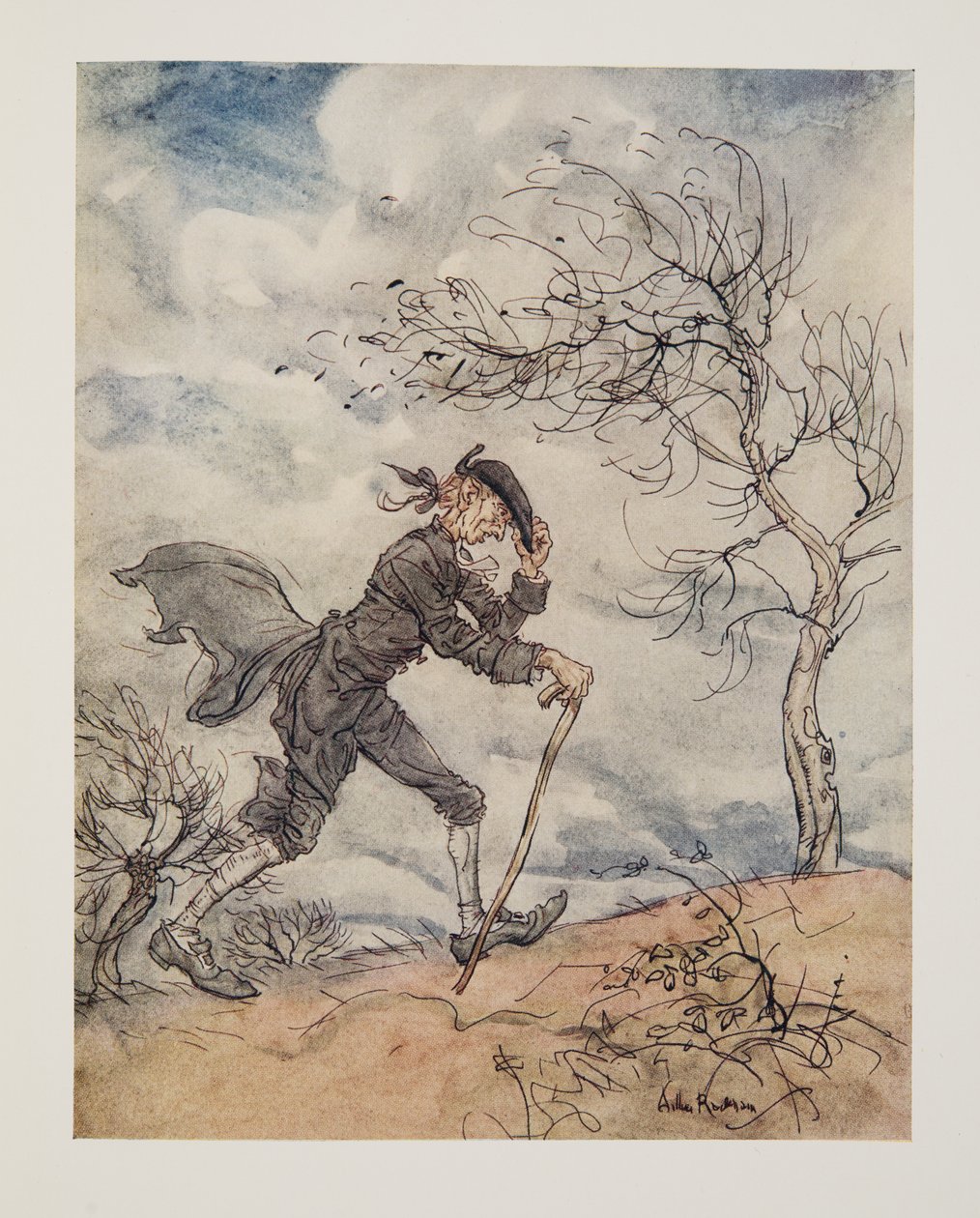 Striding Along the Profile of a Hill on a Windy Day, from The Legend of Sleepy Hollow by Washington Irving, pub. 1928 by Arthur Rackham