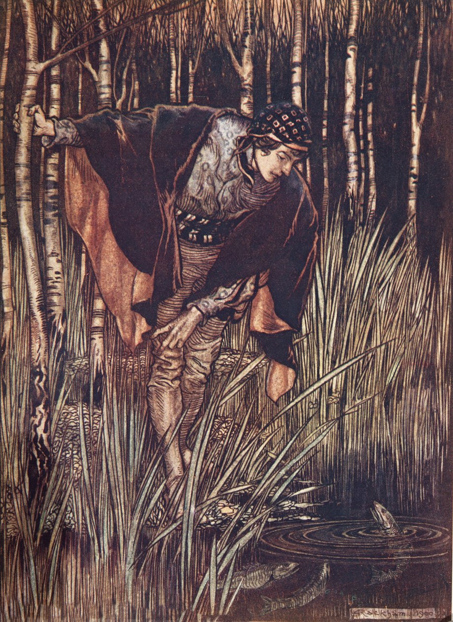The Fishes, in their joy, stretched up their heads above the water and promised to reward him by Arthur Rackham