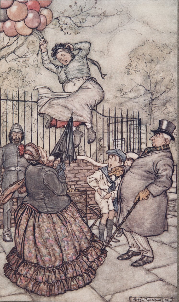 The Lady with the Balloons, Who Sits Just Outside, from Peter Pan in Kensington Gardens by J. M. Barrie, pub. 1906 by Arthur Rackham