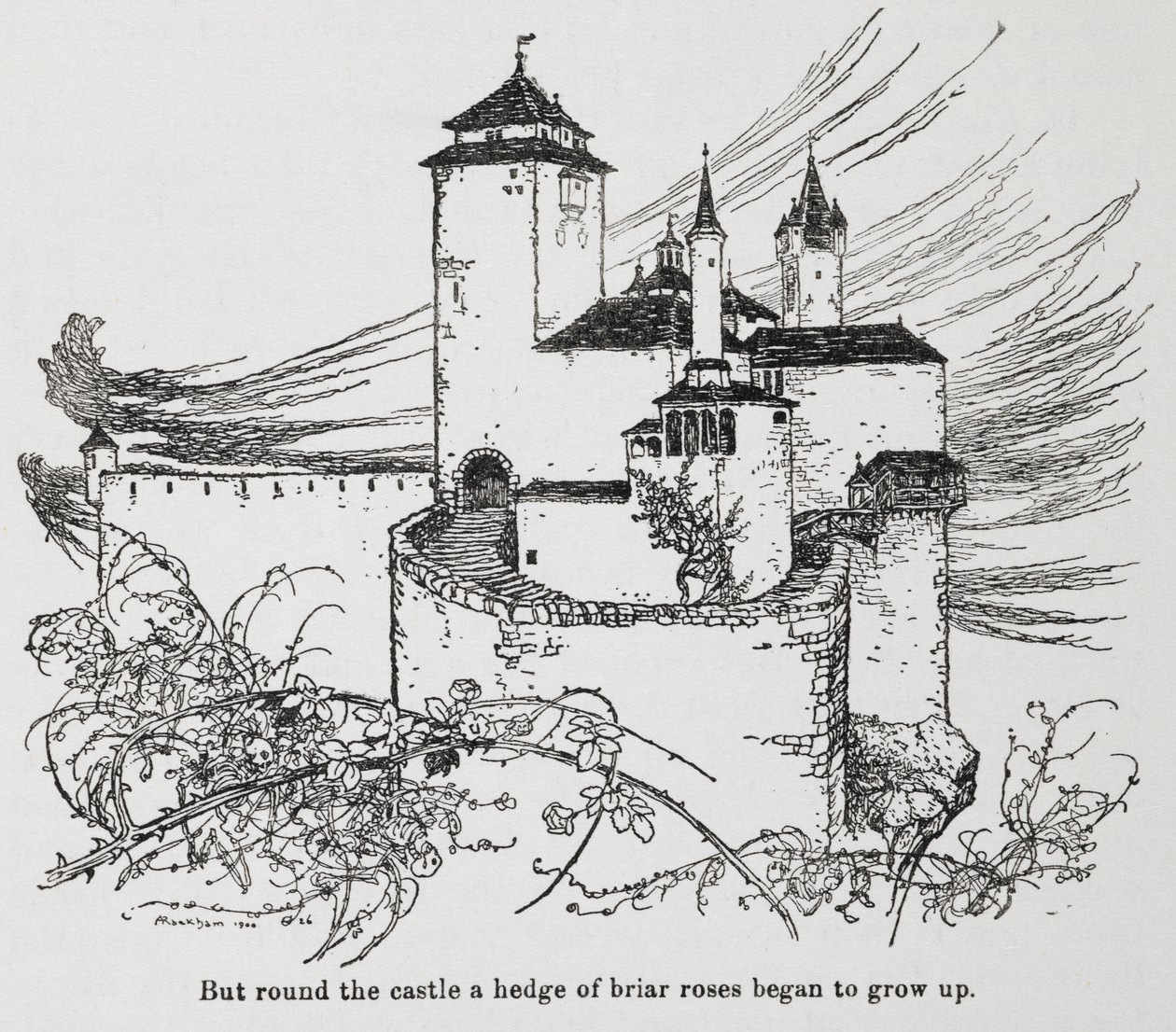 The castle surrounded by thorns from Briar Rose (Sleeping Beauty) by Arthur Rackham