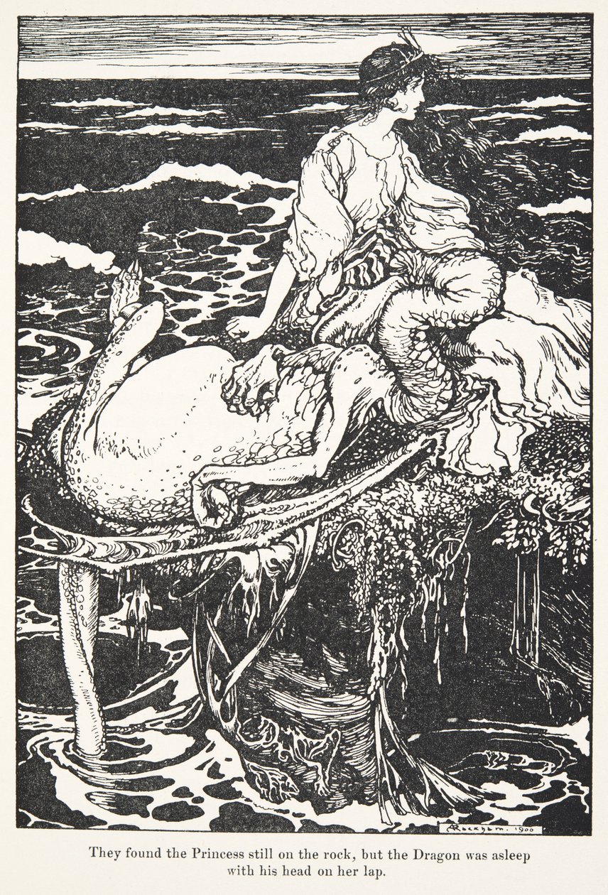 The found the Princess still on the rock, but the Dragon was asleep with his head on her lap by Arthur Rackham