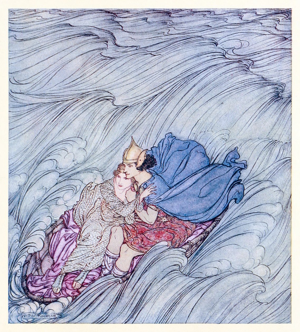 The waves of all the worlds seemed to whirl past them in one huge green carpet from Becuma of the White Skin in Irish Fairy Tales by Arthur Rackham