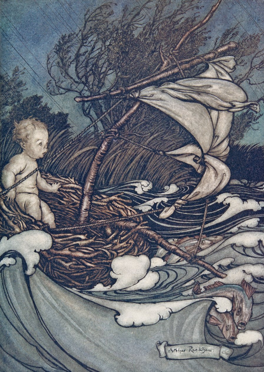 There now rose a mighty storm, and he was tossed this way and that, from Peter Pan in Kensington Gardens by J.M. Barrie, pub. 1906 by Arthur Rackham
