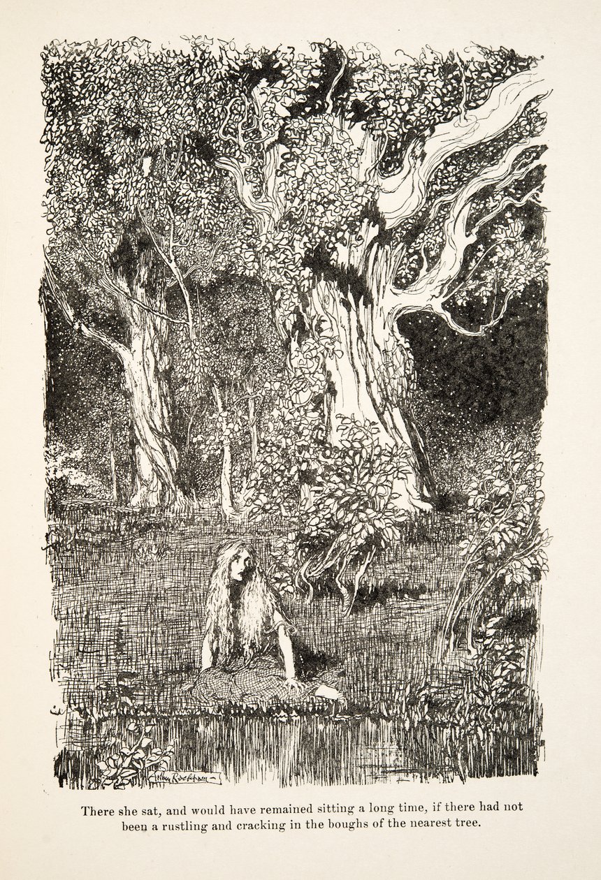 There she sat, and would have remained sitting a long time, if there had not been a rustling and cracking in the boughs of the nearest tree, from Little Brother & Little Sister and Other Tales by the Brothers Grimm by Arthur Rackham