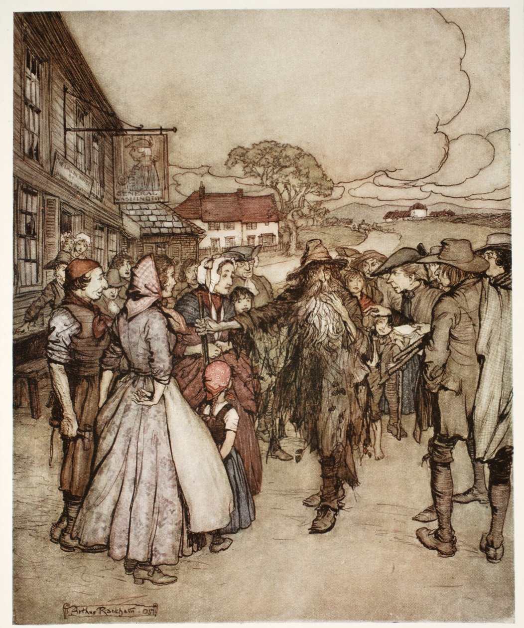 They crowded round him, eyeing him from head to foot with great curiosity, from Rip Van Winkle by Washington Irving by Arthur Rackham