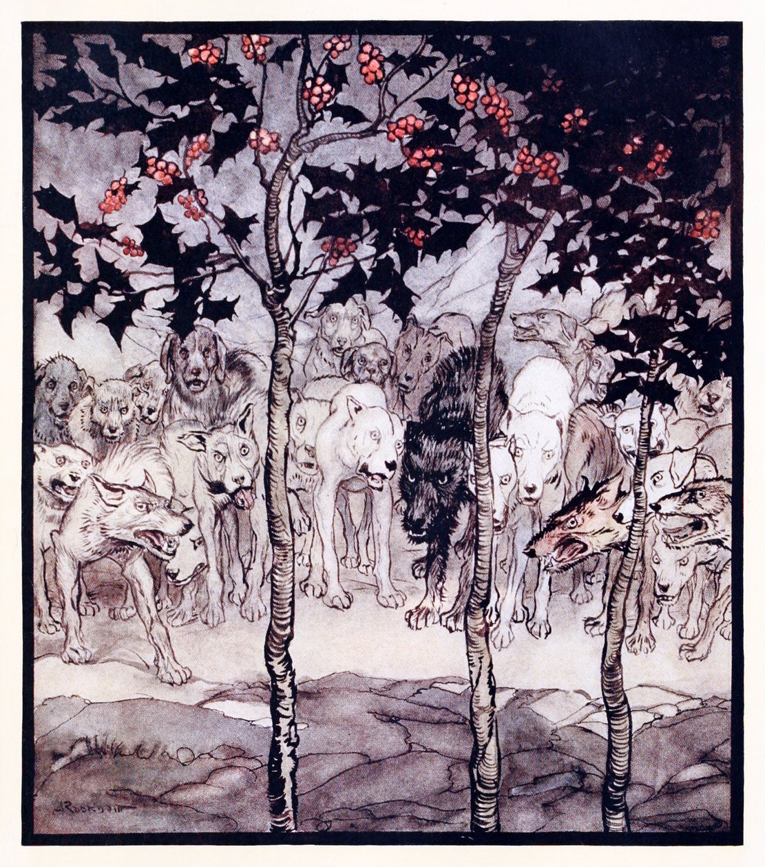 They stood outside, filled with savagery and terror. from The Enchanted Cave of Cesh Corran in Irish Fairy Tales by Arthur Rackham