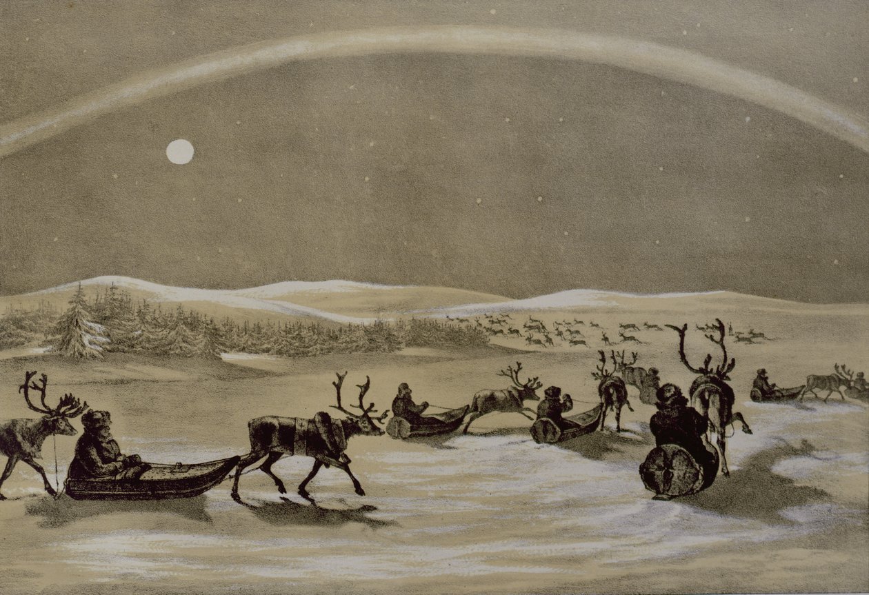 A Singular Appearance of the Northern Lights above a Laplanders Herd of Reindeer Crossing the Jerdis Javri, from Winter Sketches in Lapland, engraved by James Duffield Harding by Arthur de Capell Brooke