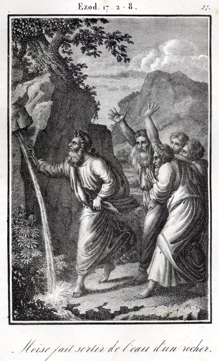 Bible, Moses Striking the Rock and Water Coming from It, Exodus by Artist Unknown