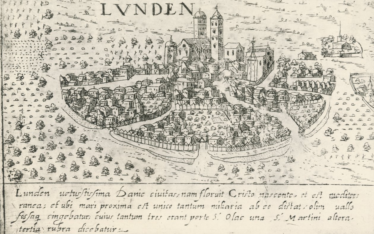 City of Lund, which belonged to Denmark in Middle Ages, engraving by Artist Unknown