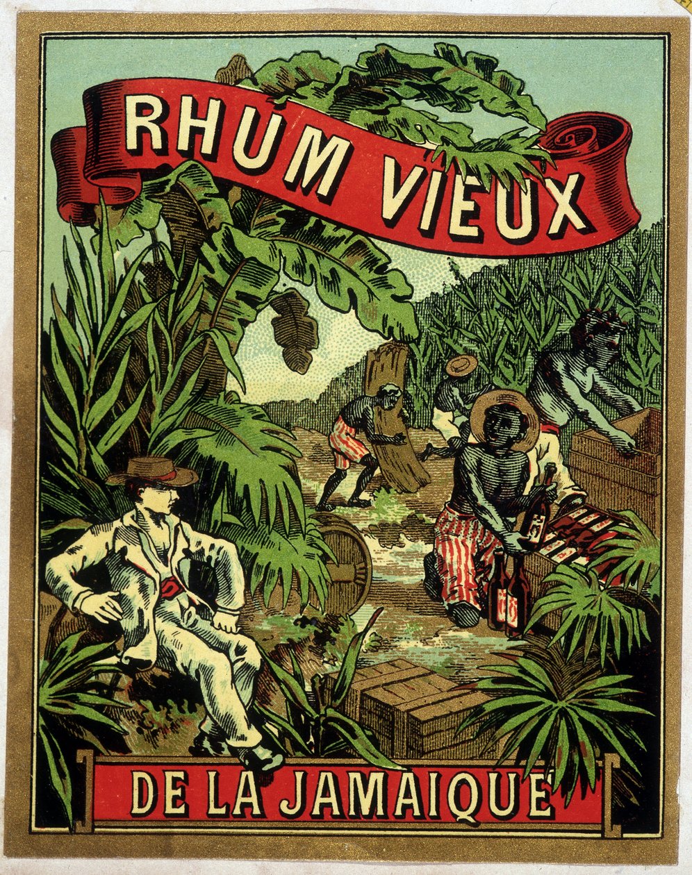 Jamaican rum label. Black workers reducing sugar cane are watched by a ...