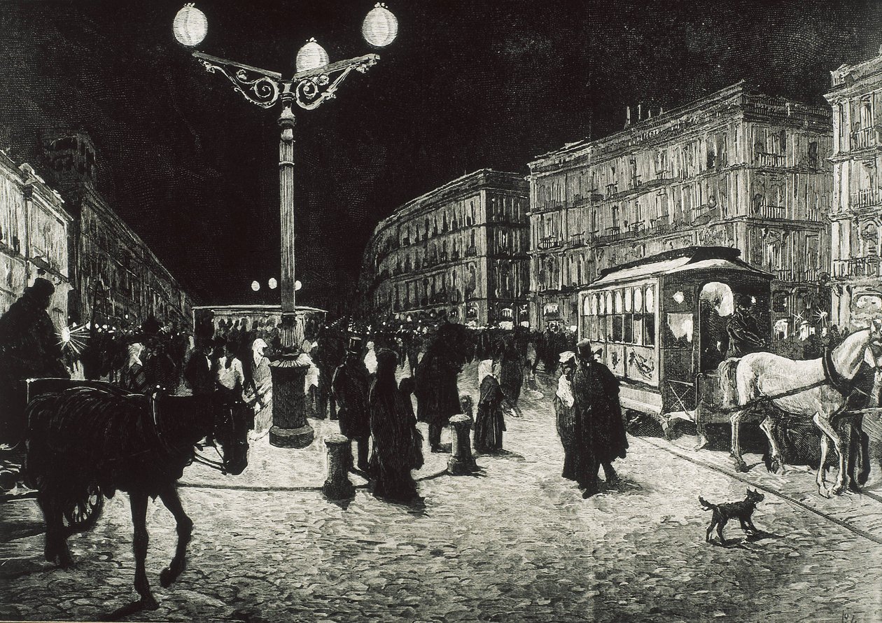 Madrid (1878). The Puerta del Sol Enlightened with Electric Light. Picture after a Drawing by Pellicer for 