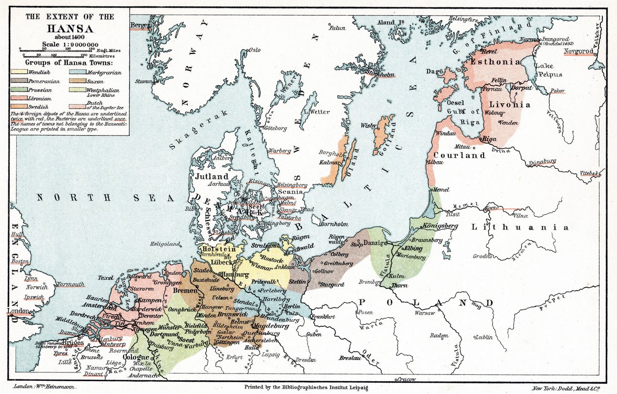 Map of the Extent of the Hanseatic League in About 1400 by Artist Unknown