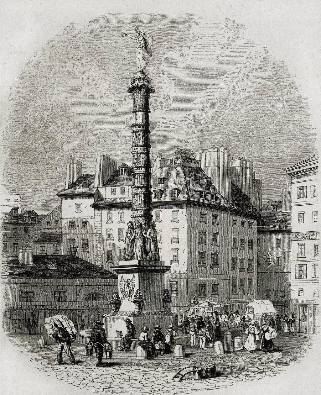Paris. Water Sellers in Front of the Fountain of Place Chatelet. Engraving by Artist Unknown