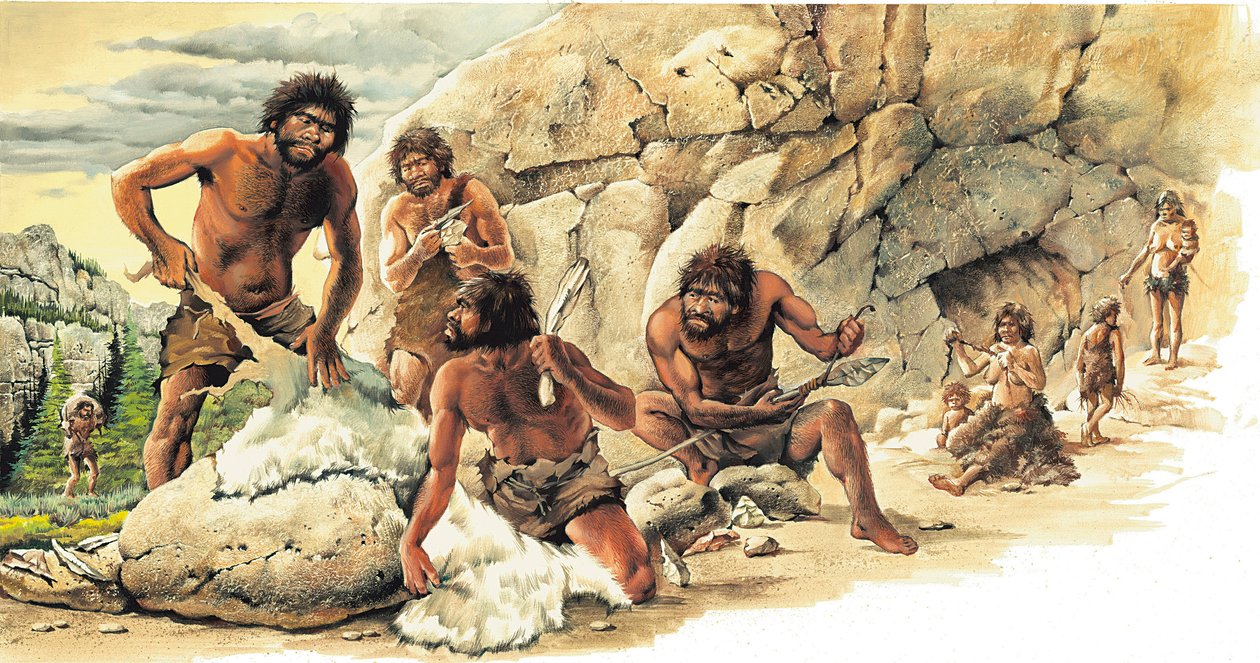 Prehistory Paleolithic Period: Hunters using the skin of killed animals and making tools and weapons by Artist Unknown