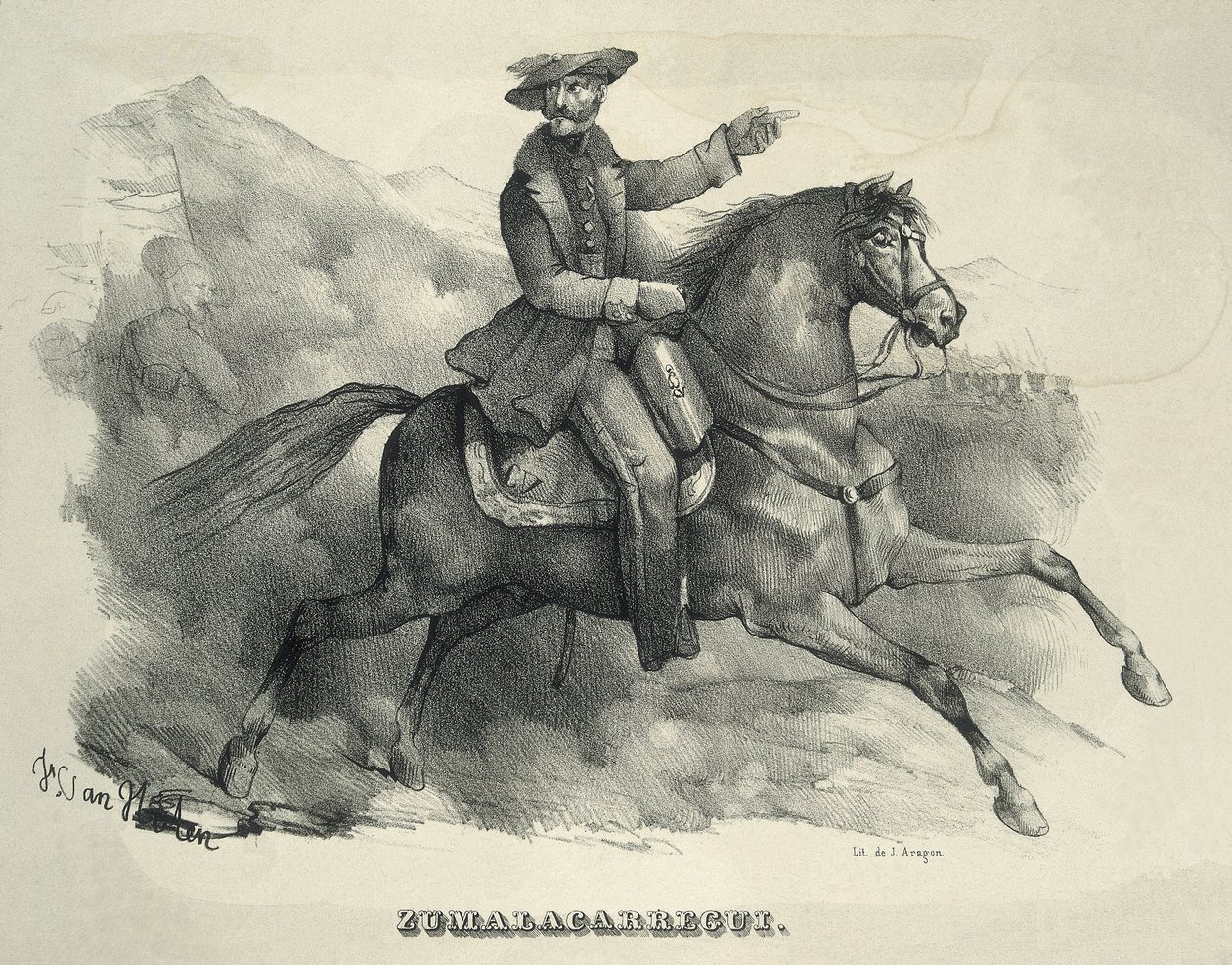 Tomas Zumalacarregui (1788-1835). Carlist general. Spain. First Carlist War. Zumalacarregui riding a horse (engraving) by Artist Unknown