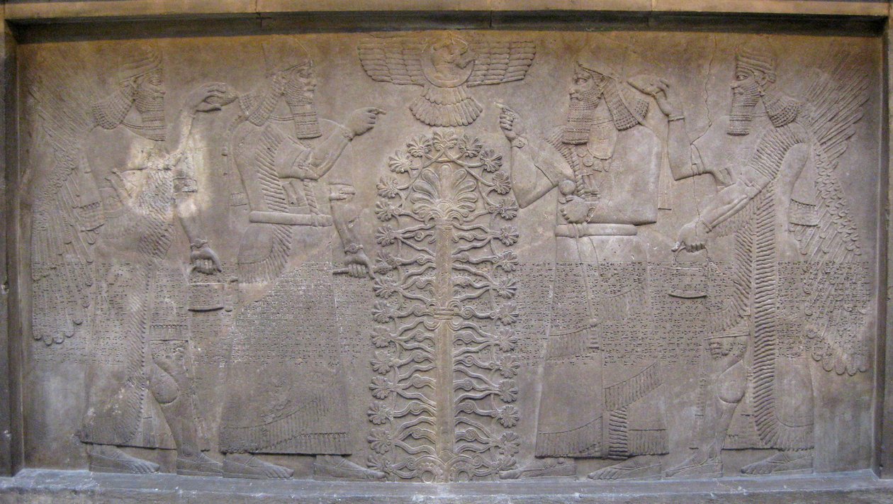 Relief with Two Figures of Ashurnasirpal, Winged Mythological Beings and the God Ashur, Before the Tree of Life, 885-860 BC by Assyrian