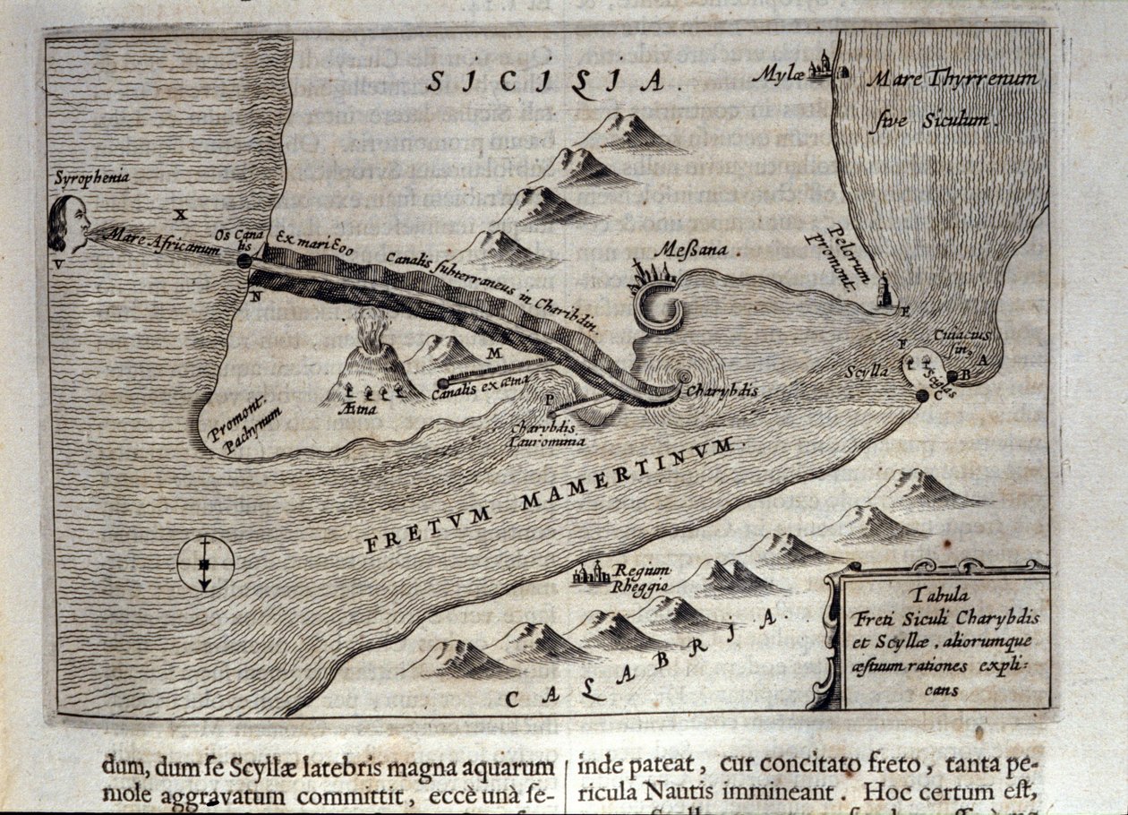 Cartographic representation of Charybdis and Scylla in the Strait of Messina, Sicily. Engraving from 