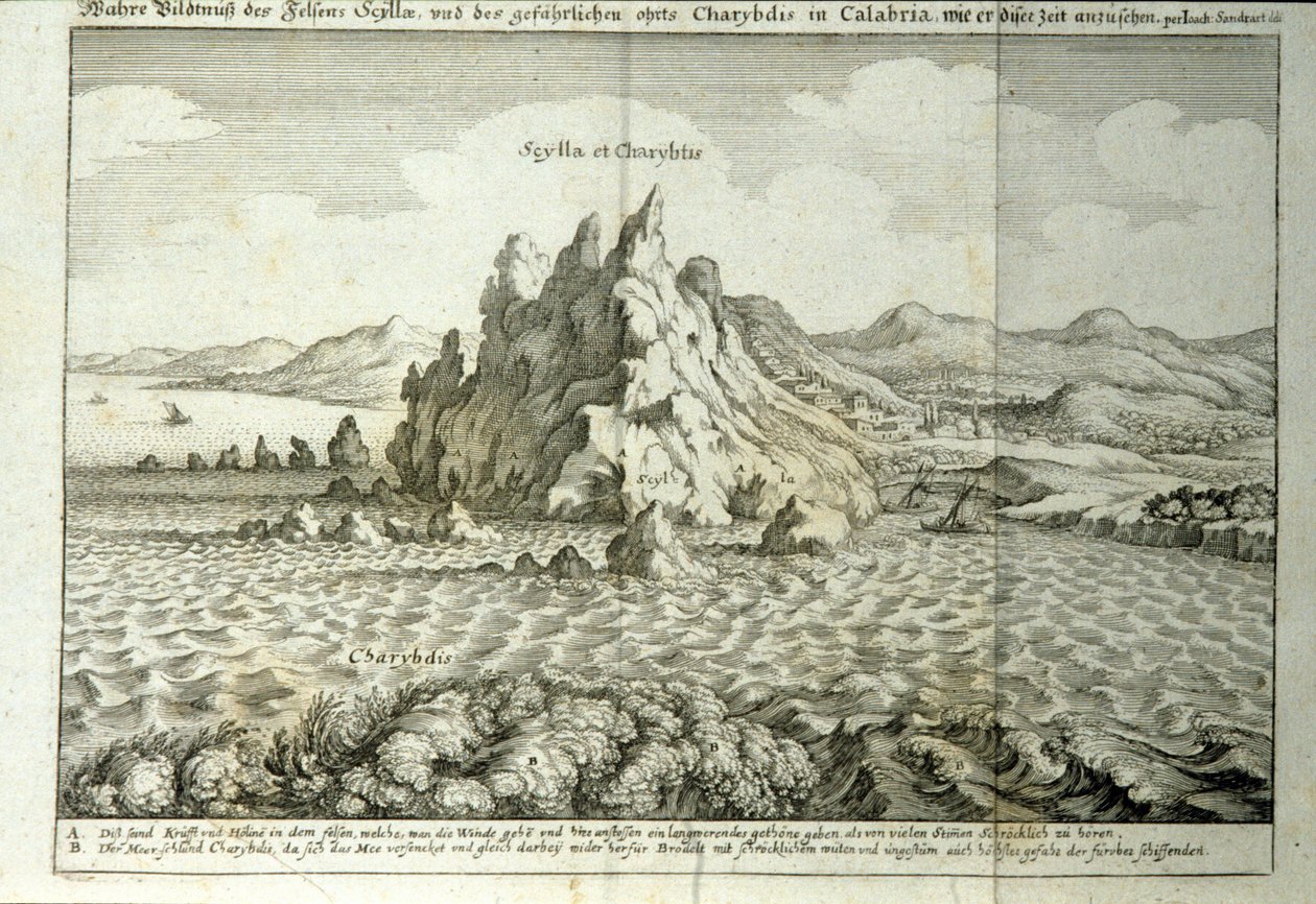 View of the rocks of Charybdis and Scylla in the Strait of Messina, Sicily. Engraving from 