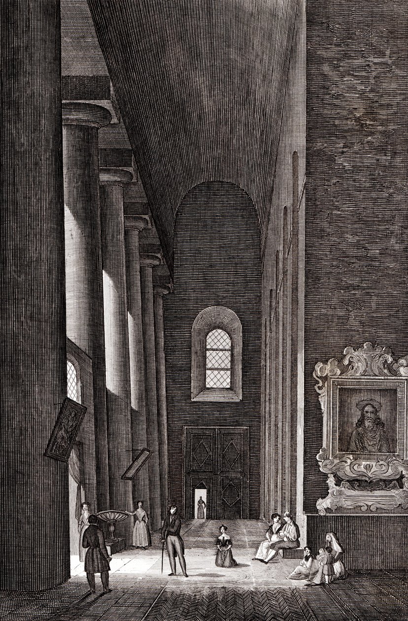 Side aisle of Cathedral of Nativita di Maria Santissima in Syracuse, Sicily, Italy, copper engraving by Attilio Zuccagni Orlandini