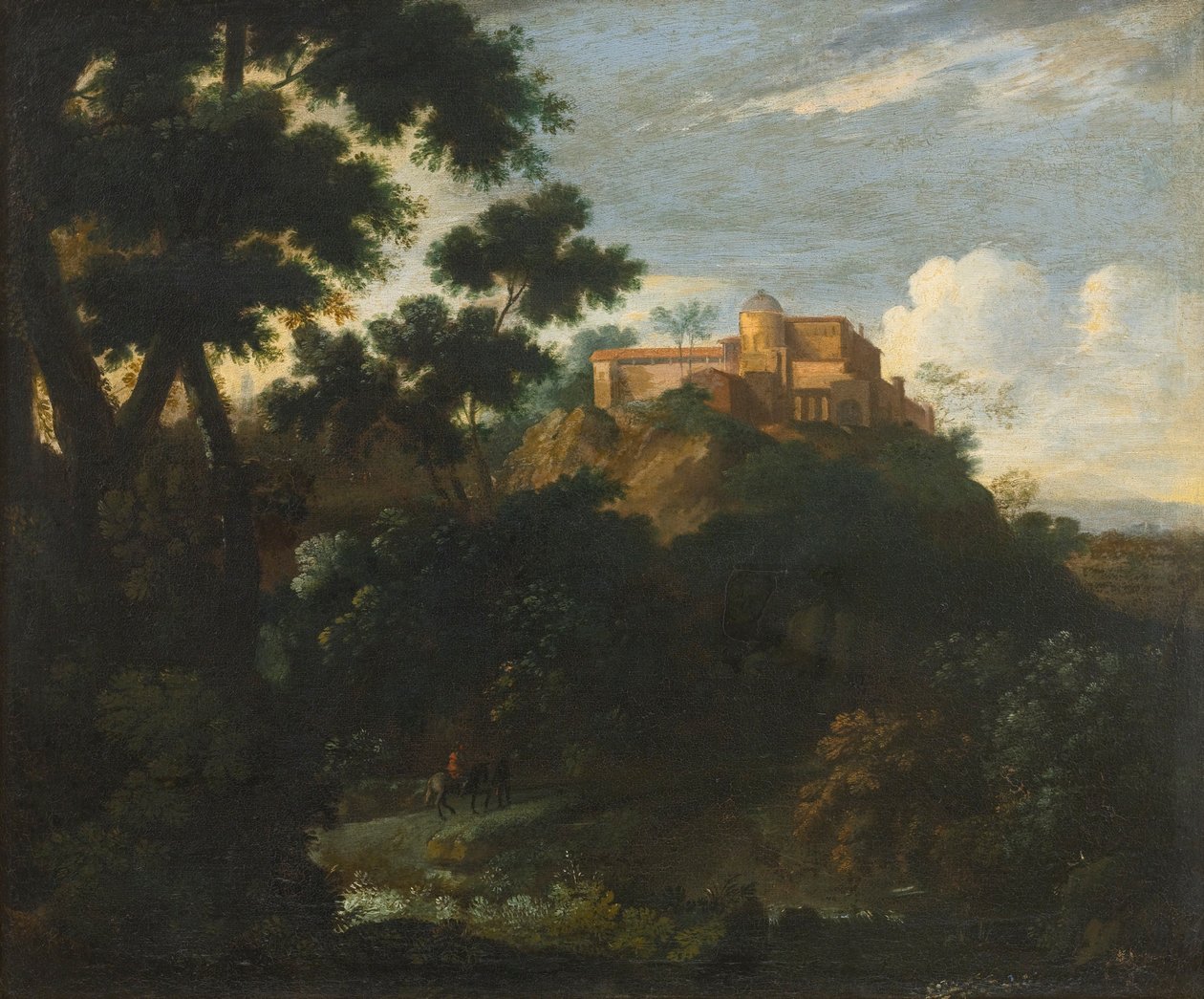 Wooded Mountainous Landscape with Travelers on a Track, a Villa Beyond by Jean Francois Millet