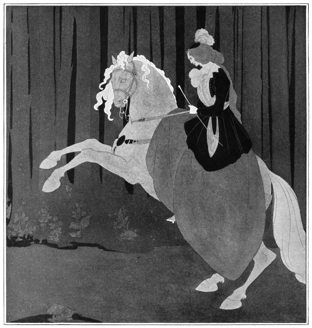 A woman sitting on a rearing horse by Aubrey Beardsley