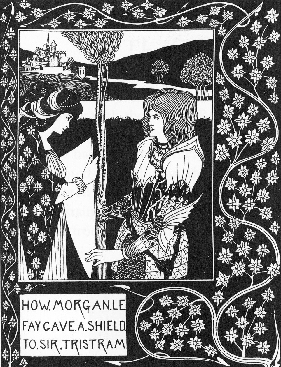 Arthurian Legend: The fairy Morgane gives a shield to Tristan. Engraving in The story of Tristan and his adventures, which includes his love story with Isolde. The Morte of Arthur by Sir Thomas Malory, edition illustrated by Aubrey Beardsley by Aubrey Beardsley