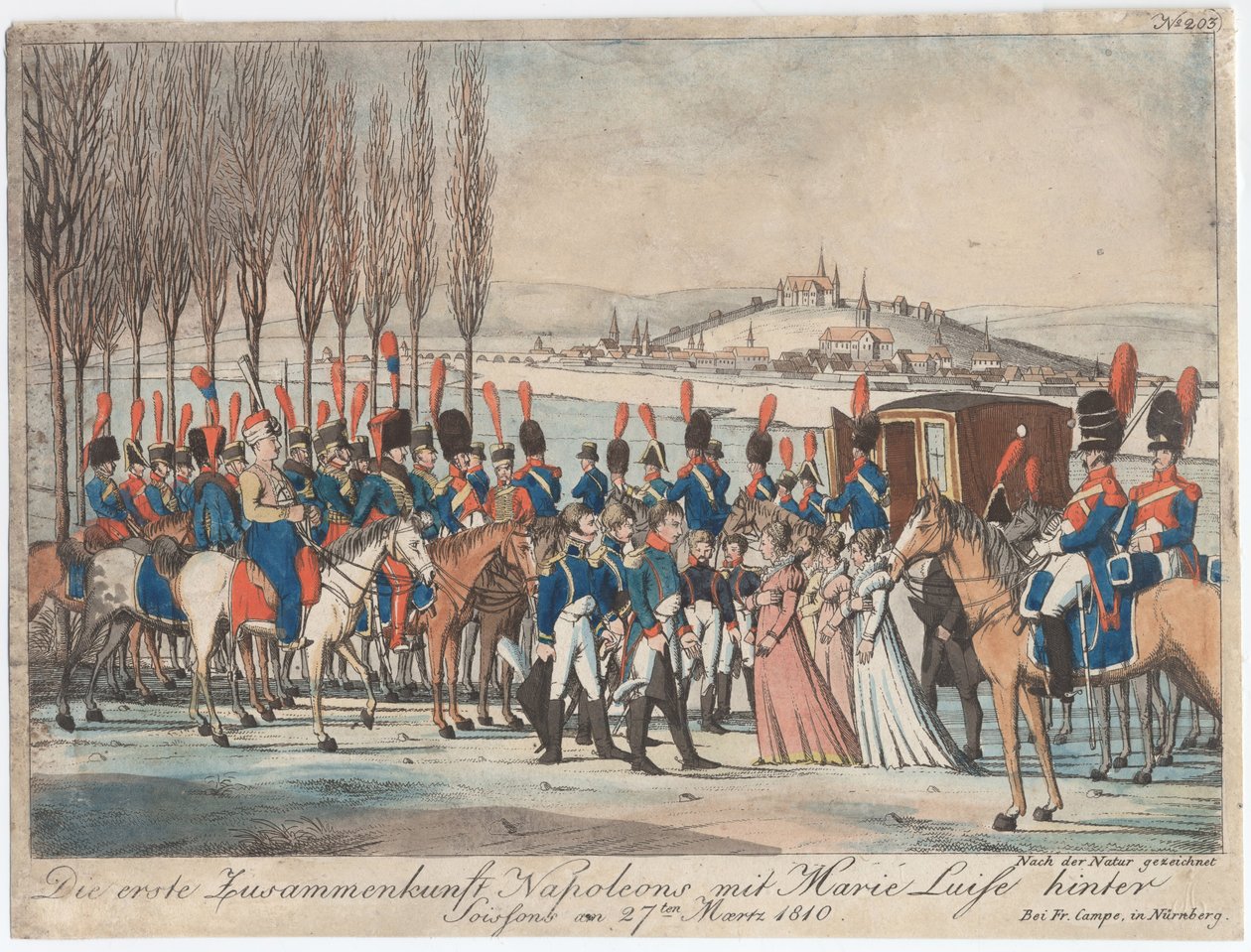 Napoleon introducing Empress Marie-Luise to his family outside pavilion near Soissons by August Friedrich Andreas Campe