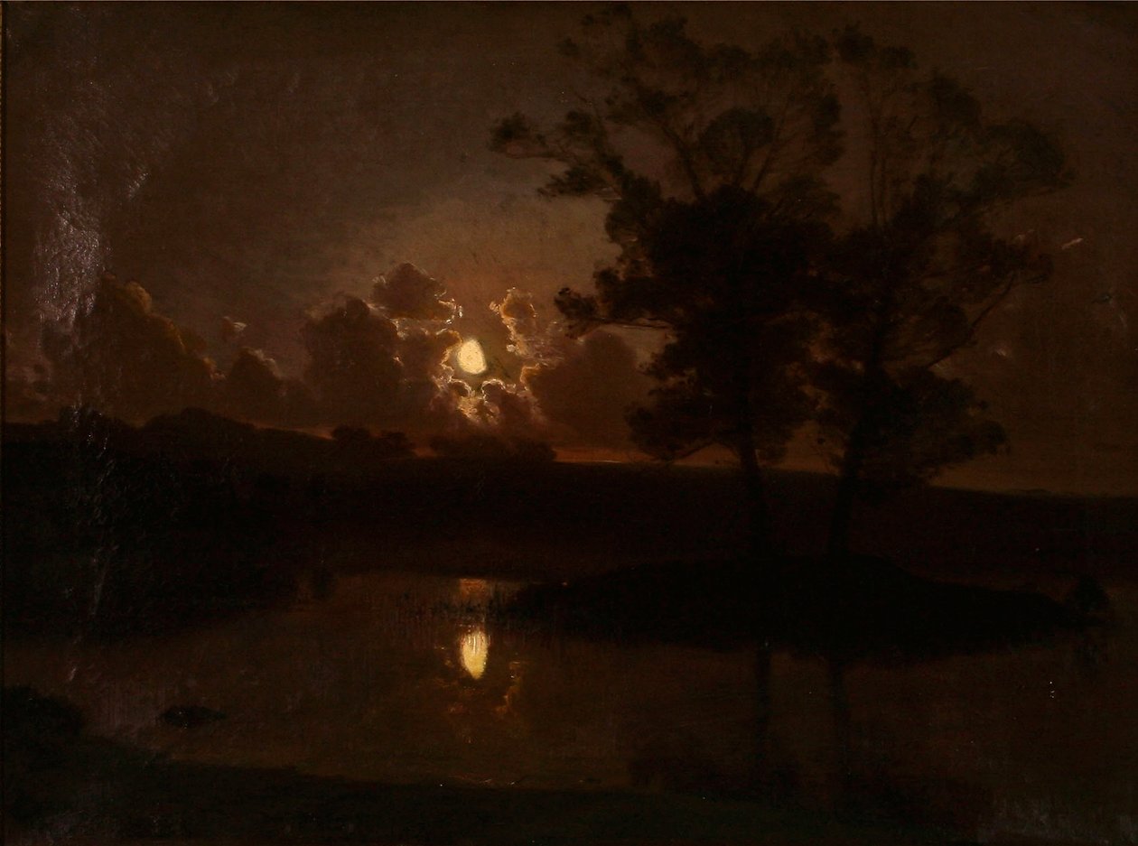Harvest Evening at Hjortekær, Jægersborg Deer Park, Moonlight by August Jerndorff