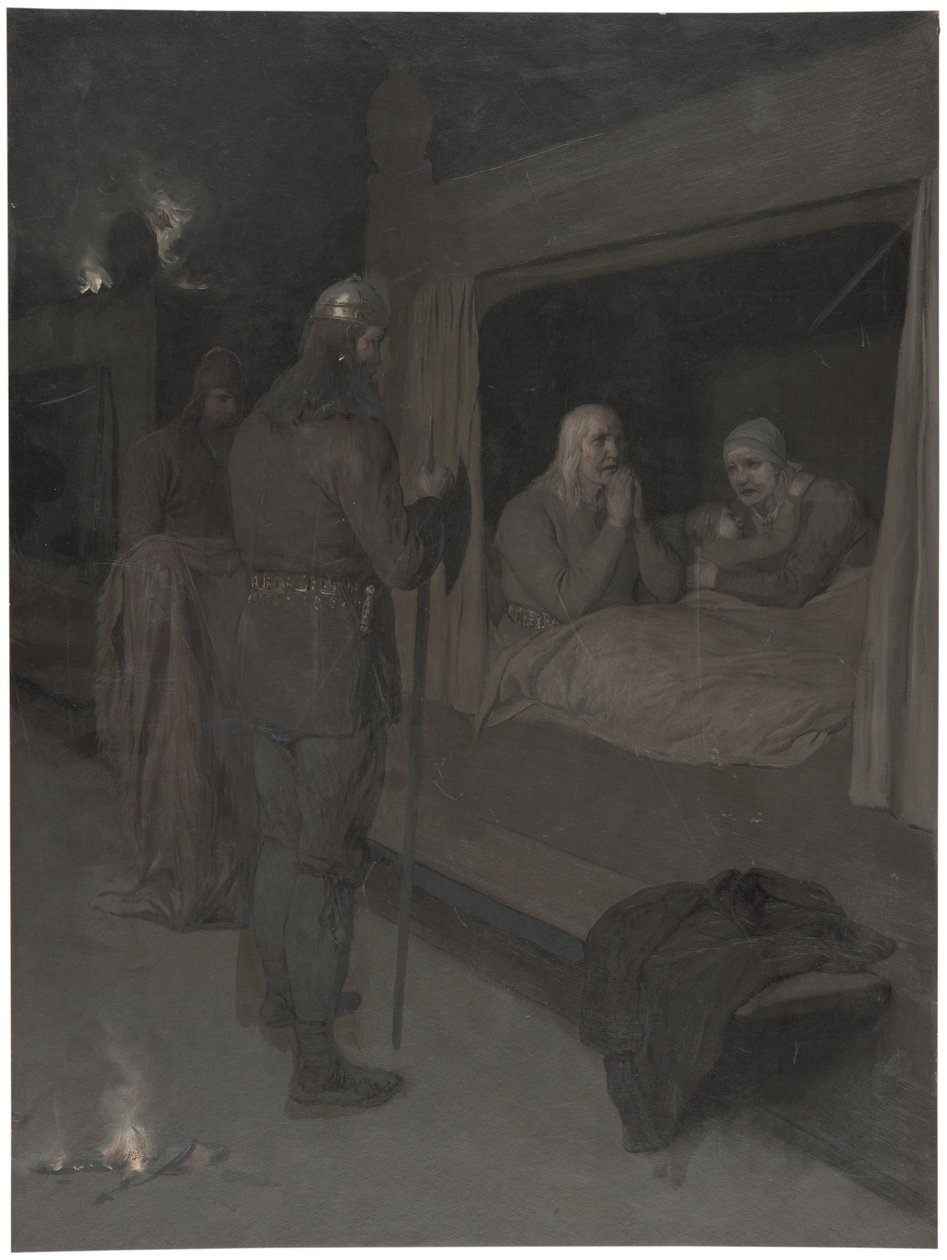 Njal, Bergthora and Thord Karisson Decide to be Burned Alive. Illustration for Njal’s Saga, ch. 129 by August Malmström