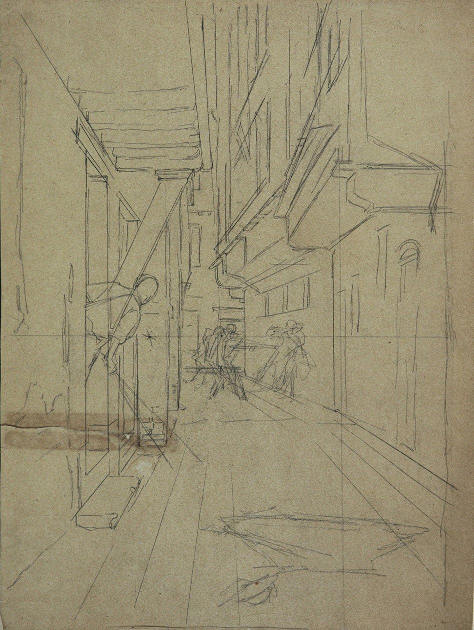 Perspective Sketch for "Street Fight in a Venetian Alley" by August von Pettenkofen