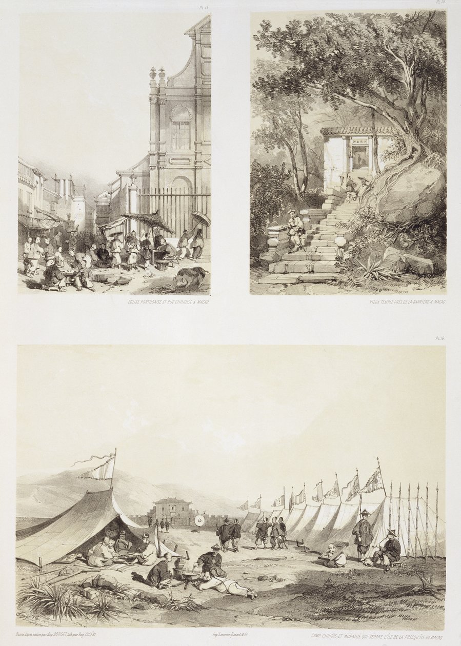 A Portuguese Church and a Chinese Street at Macao, An Old Temple near the Barrier at Macao and a Chinese Camp and the Wall Separating the Island from the Peninsula of Macao, plates 14, 15 and 16 by Auguste Borget