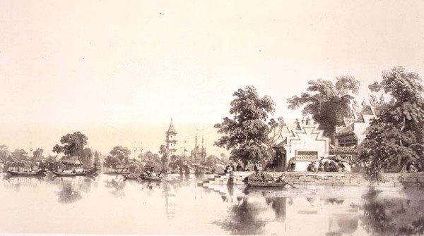 Temple, Pagoda and Village on the Macao-Canton Canal, Plate 22 from 