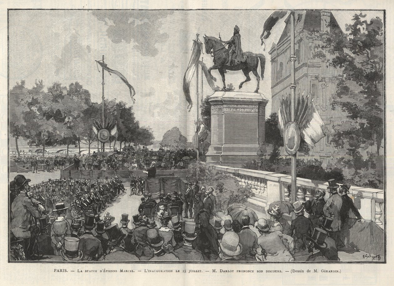 Paris - Speech by Mr. Darlot during the inauguration on 15 July 1888 at the Hotel de Ville de Paris of the statue of Etienne Marcel (drawing by Gerardin in The Illustrous World) by Auguste (after) Gerardin