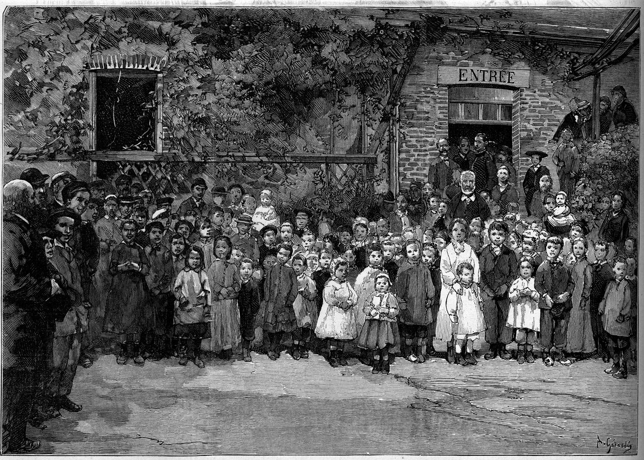 Victor Hugo (1802-1885) with the poor children of Veules-en-Caux to whom he offered a banquet on 24 September 1882. Engraving by Gerardin in Le Monde Illustré n°1333 of 14 October 1882 by Auguste (after) Gerardin