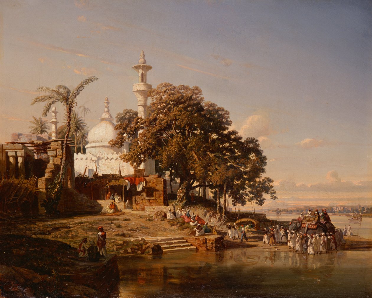 An Indian Mosque by a River with Pilgrims and an Elephant by Auguste Borget