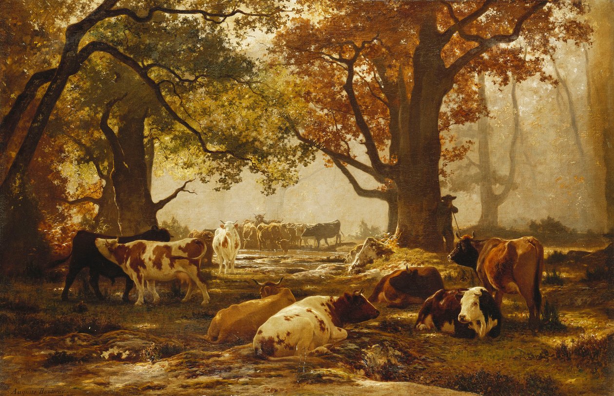 Cattle in a Wooded River Landscape by Auguste Francois Bonheur