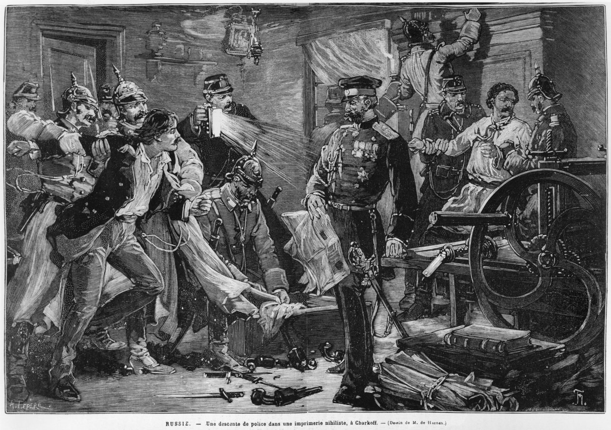 Russian police discovering a nihilist printing house at Charkoff, from 