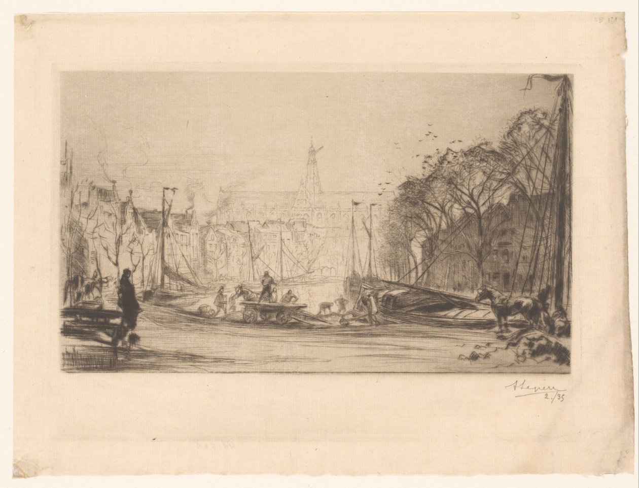 View of the Spaarne and the Sint Bavo by Auguste Lepère (signed by artist)