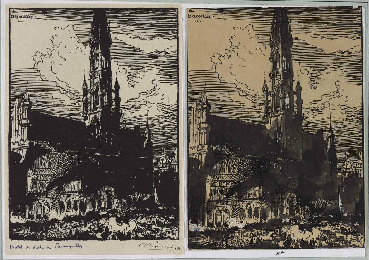 Hôtel de Ville de Bruxelles en feu, 1914 by Auguste Louis Lepère
