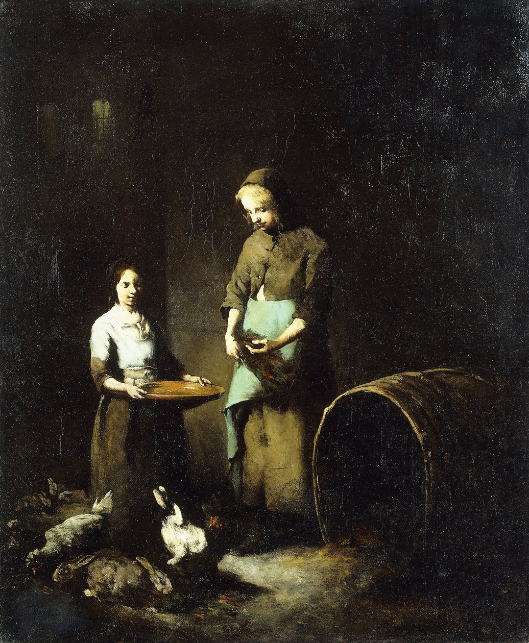 Young Peasant Girls Feeding Barnyard Animals