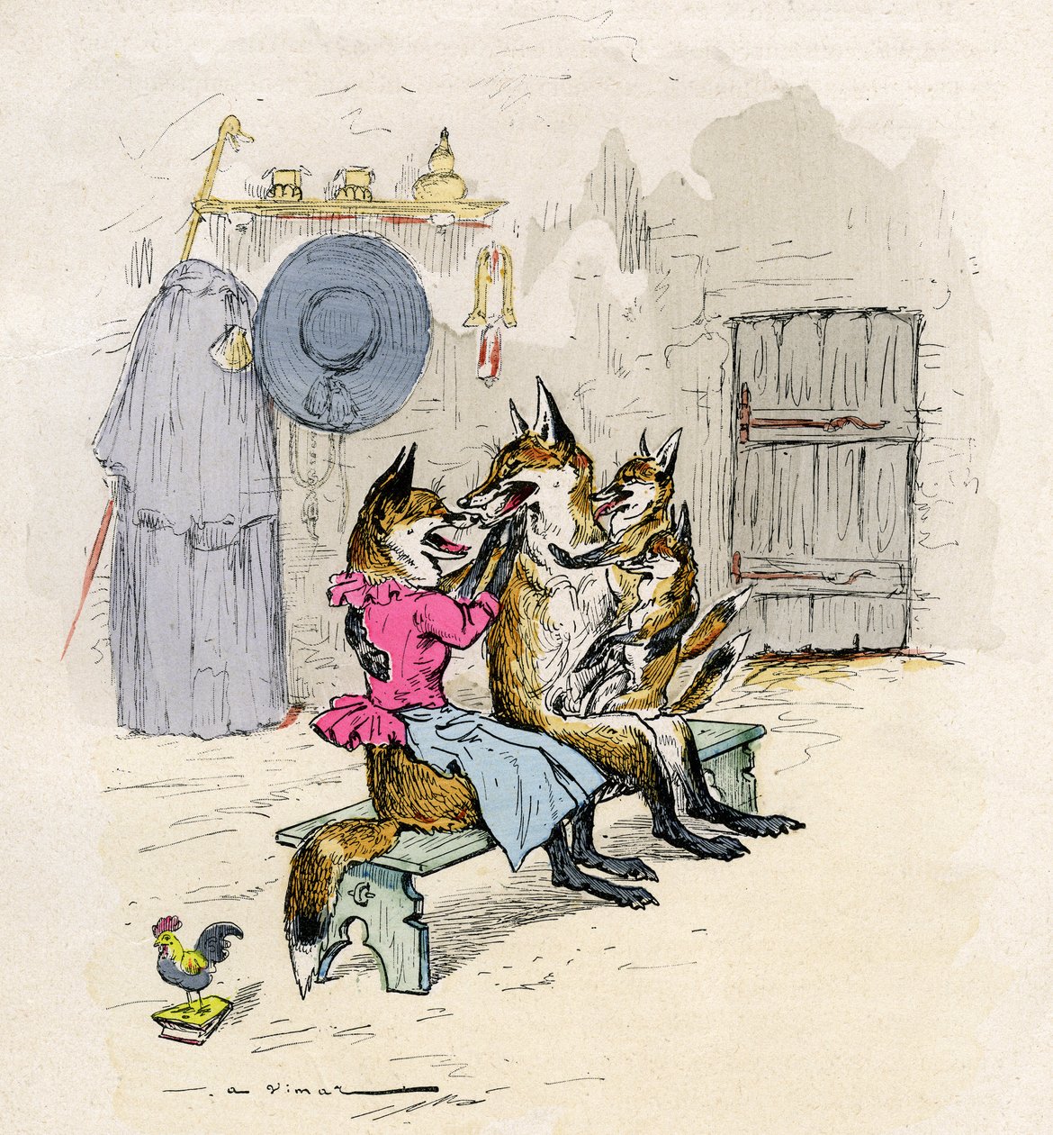 Illustration by A. Vimar for the Novel de Renart, edition Henri Laurens 19th century - Goupil and Hermeline the fox, his wife, home, with their children the little foxes by Auguste Vimar