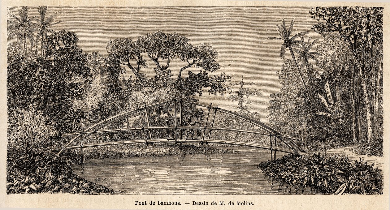 A bamboo bridge, in the jungle, near Salak Mountain by Auguste de Molins