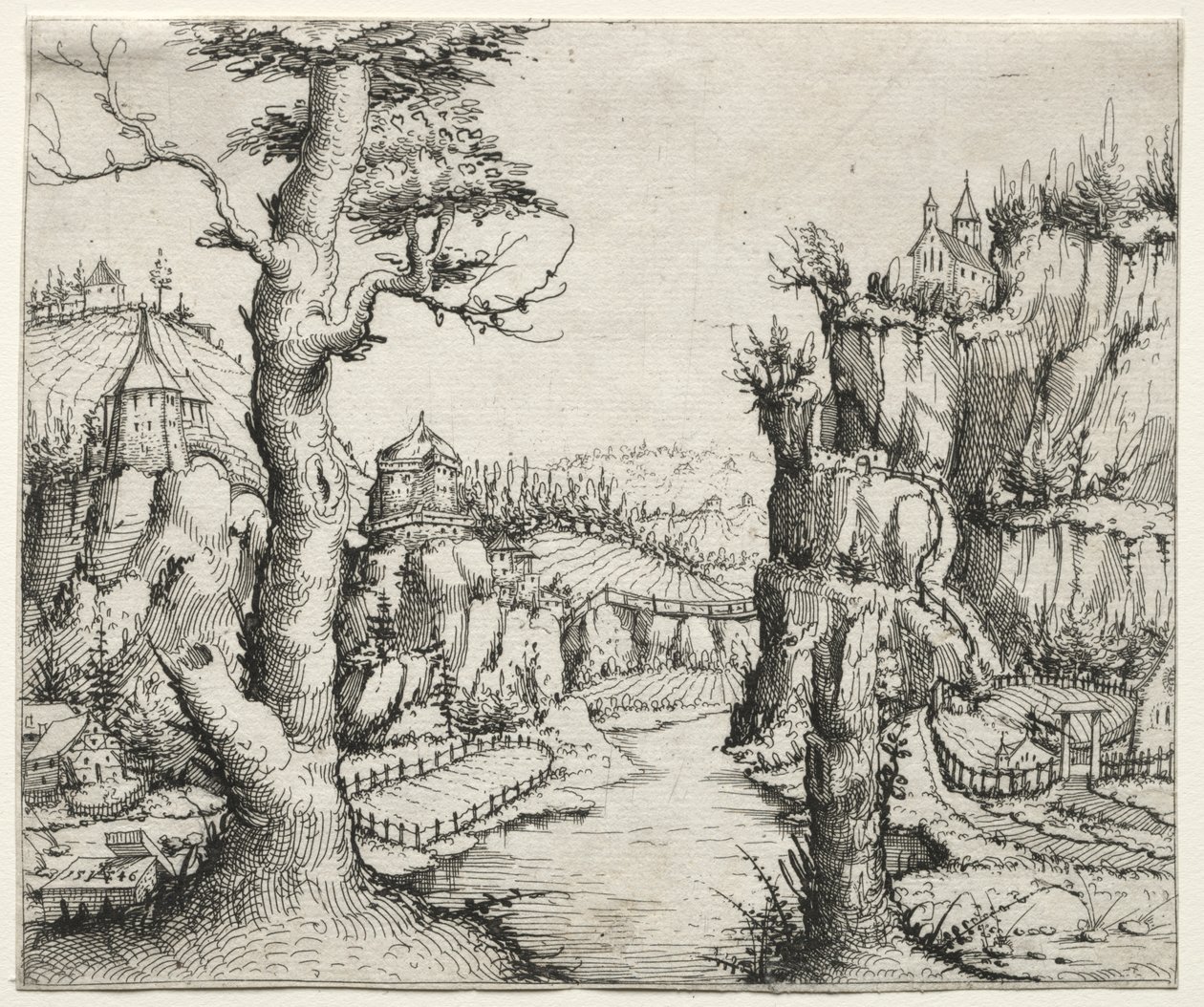 River Landscape with Rocks at Left and Right by Augustin Hirschvogel