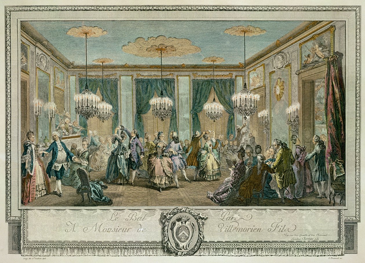 The Evening Dress Ball at the House of Monsieur Villemorien Fila, engraved by L. Provost (coloured engraving) by Augustin de (after) Saint Aubin