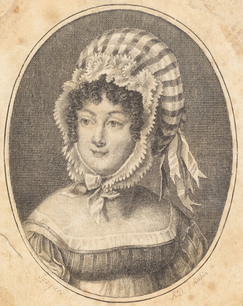 Head of a Woman Wearing a Striped Bonnet by Augustin de Saint-Aubin