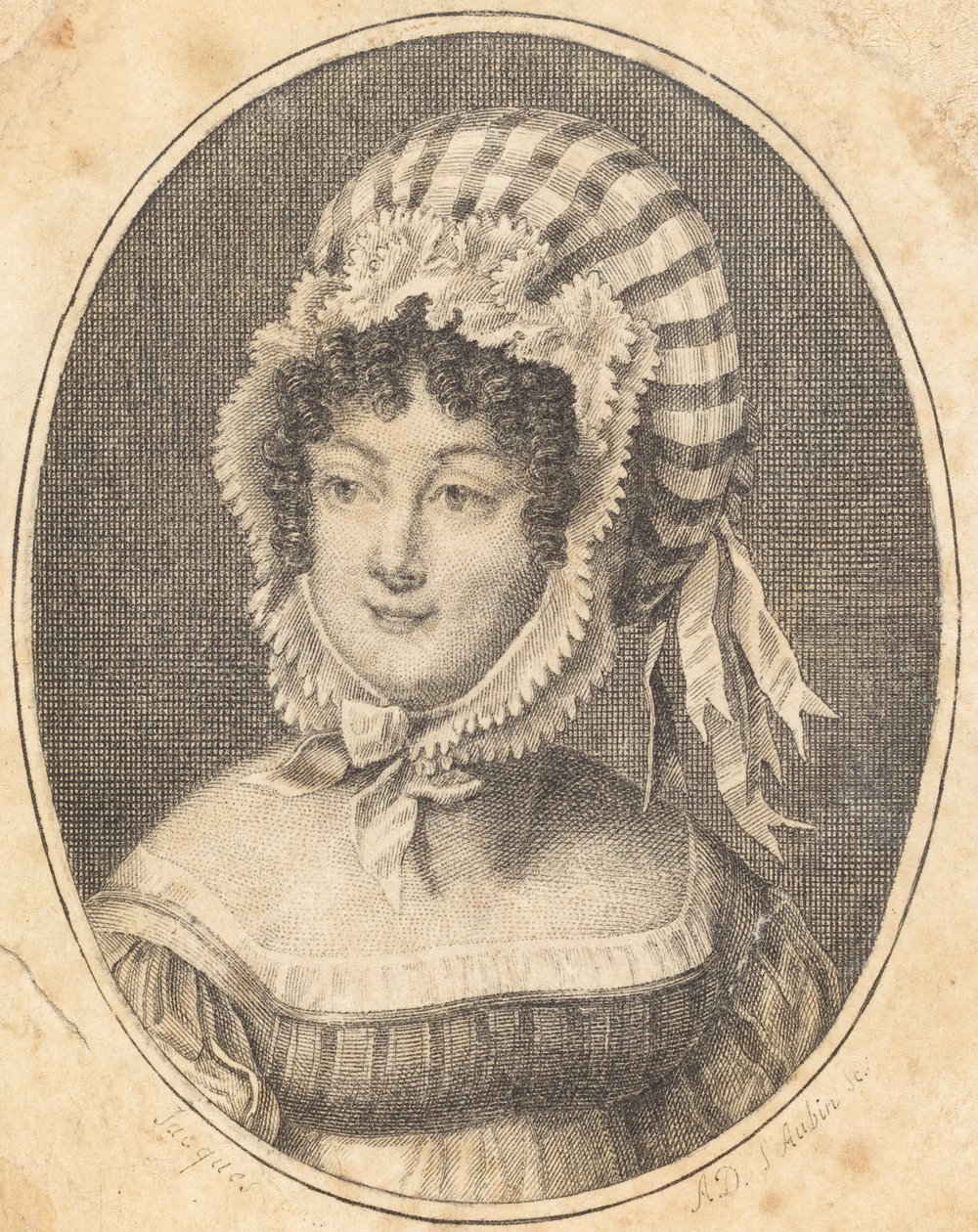 Head of a Woman Wearing a Striped Bonnet by Augustin de Saint Aubin