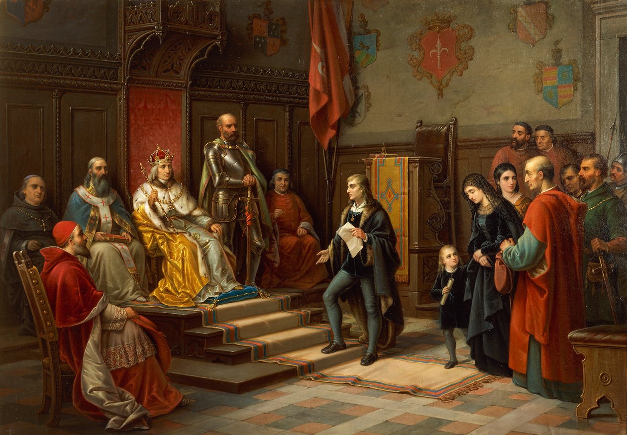 Frederick III, being pressed to march against Turks by Trieste poet Raffaele Zovenzoni, by Augusto Tominz by Augusto Tominz