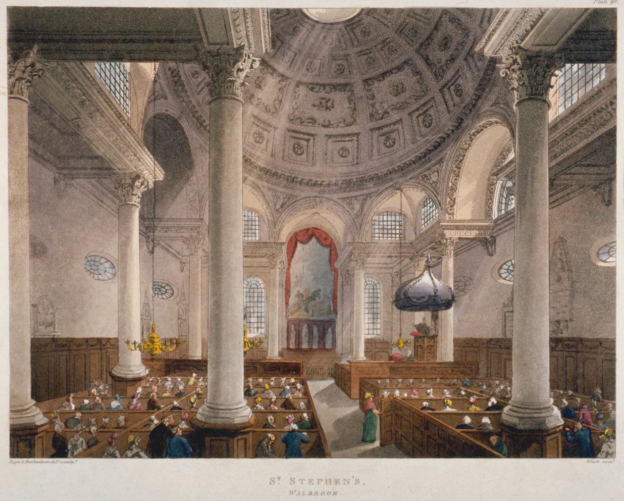 Interior of the Church of St Stephen Walbrook during a service, City of London, 1809 by Augustus Charles Pugin, Thomas Rowlandson