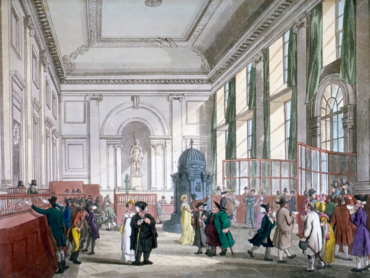The Great Hall at Bank of England, City of London, with Customers and Employees by Augustus Charles Pugin, Thomas Rowlandson