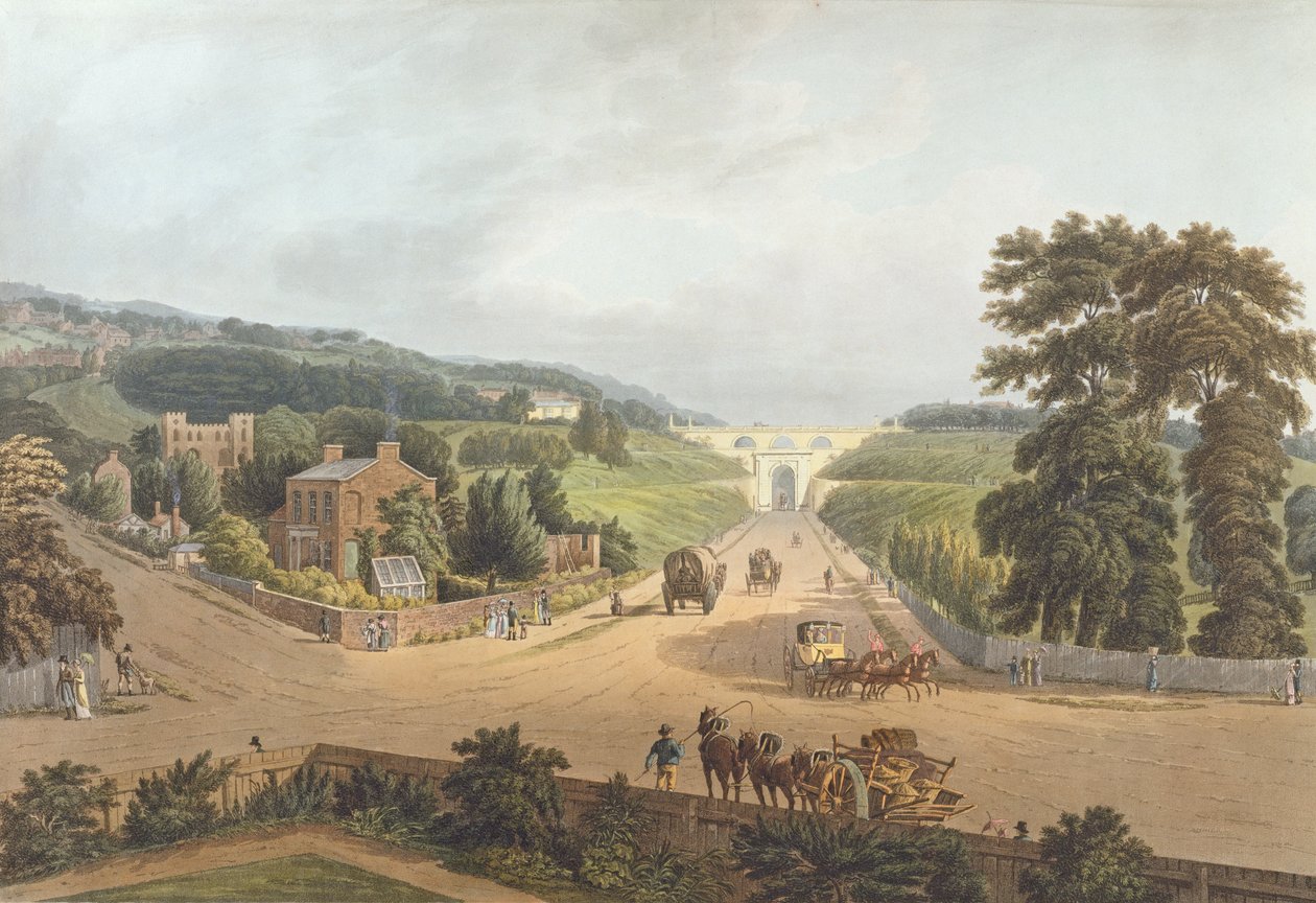 A View of the Highgate Archway, Engraved by John Hill by Augustus Charles Pugin